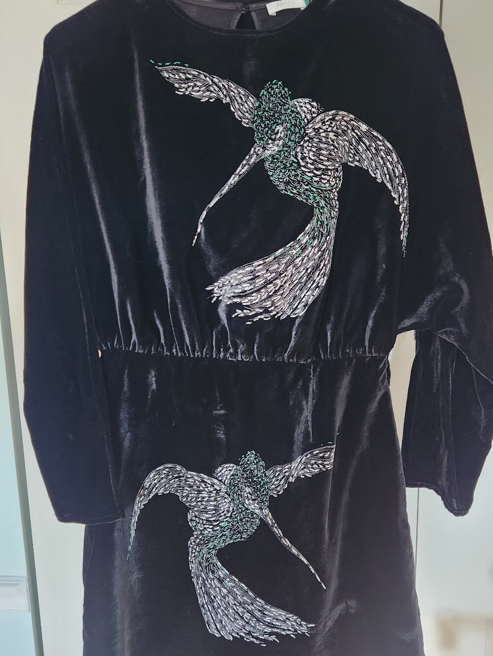 RIXO LONDON Black Velvet Dress with Green And Silver Embroidered Birds